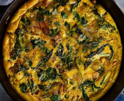 Potato Swiss Chard Frittata - Ellie Krieger Egg Receipts, Swiss Chard Quiche, Swiss Chard Frittata, Veg Board, Chard Frittata, Chard Recipes Healthy, Potato Frittata Recipes, Apartment Meals, Vegan Frittata