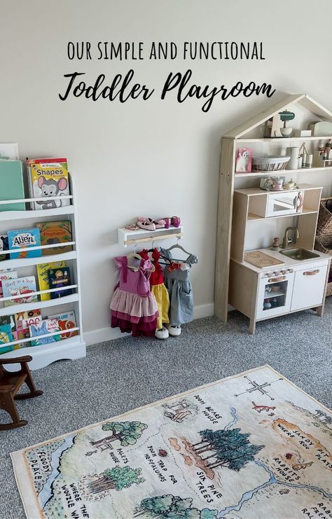 Playroom With Kitchen Set, Girl Toddler Playroom, Playroom Zones Play Areas, Playroom Kitchen Set Up, Playroom Shelf Organization, Crawlspace Playroom, Playroom Dress Up Area, Playroom Set Up Ideas, Play Room Girls Kids