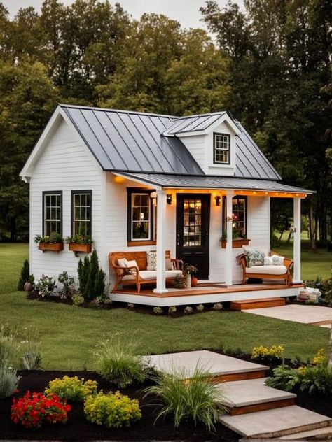 15 Cute Tiny White Cottages Full of Charm - Nikki's Plate Tiny Home Vacation Rentals, Luxury Tiny Homes Interiors, Tiny Home Ideas Exterior, French Country Tiny House, Tiny Home Outside, Tiny Home Porch, Tiny Ranch House, Mini Houses Tiny Homes, Tiny Home Exteriors