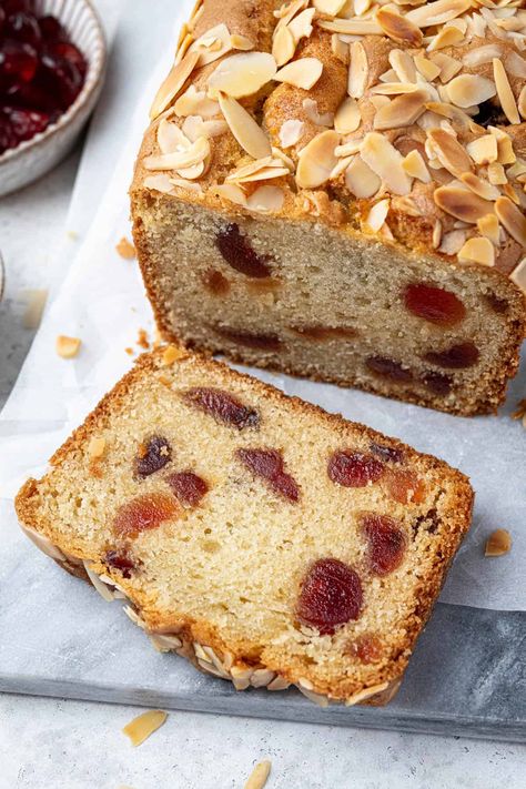 Vegan cherry loaf cake - this easy glacé cherry and almond cake is like an old fashioned cherry madeira cake. It is simple yet comforting and satisfying, with a moist, tender crumb and plenty of sweet cherries.

This is the perfect retro cake to snack on with a cup of tea, and one slice is never enough! Vegan Cake Icing, Almond Loaf Cake, Cherry Loaf Cake, Cherry Loaf, Vegan Cake Frosting, Gluten Free Coconut Cake, Almond Loaf, Cherry And Almond Cake, Malt Loaf