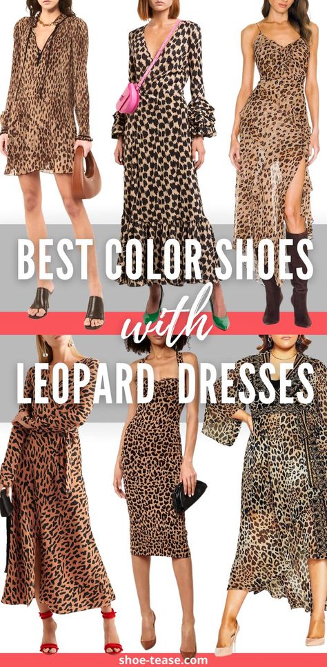 Looking to wear your leopard print dress outfit, but unsure what shoes to wear? Shoe-tease.com has listed what color shoes to wear with loepar print dresses as well as types of shoes to wear with cheetah print dresses. Learn to elevate your leopard print fancy dress outfits with the right heels and shoes! @shoetease #shoetease #leopardprintdress #cheetahprintdress #leopard #leoparddress #cheetahdress What To Wear With Animal Print Shoes, Leopard Print Dress Classy, Cheeta Dress, Leopard Print Dress Outfit, Leopard Dress Outfit, Printed Dress Outfit, What Shoes To Wear, Leopard Print Maxi Dress, Dog Area