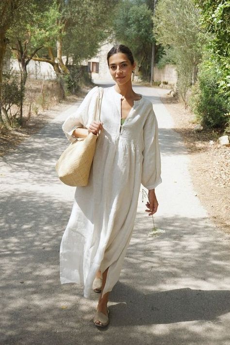 Madge Bettany Outfits For 2024, Summer Postpartum Outfits, White Puffy Sleeve Dress, Modest Wrap Dress, Casual Maxi Dress Outfit, Linen Dress Outfit, Cream Linen Dress, White Linen Outfit, Linen Dresses Summer