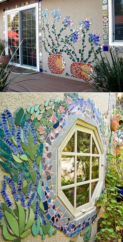 Backyard Mosaic Ideas, Painting Garden Pots Ideas, Cool Garden Ideas Backyards, Outdoor Wall Mosaic Ideas, Mosiacs Projects Diy, Outdoor Mosaic Ideas, Mosaic Art Ideas Easy, Diy Mosaic Ideas, Diy Outdoor Decorations