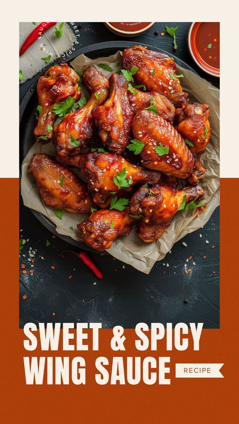 Wings in a food basket topped with herbs with text "sweet and spicy wing sauce" Sweet And Spicy Wing Sauce, Spicy Wing Sauce, Pineapple Puree, Wing Sauce Recipe, Asian Sauces, Wing Sauce Recipes, Football Appetizers, Spicy Wings, Football Snacks