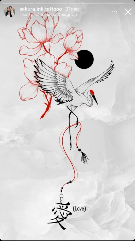 Japanese Crane And Cherry Blossom Tattoo, Crane Tattoos For Women, Japanese Birds Tattoo, Crane Tattoo Men, Japanese Arm Sleeve Tattoo Women, Crane And Flower Tattoo, Bold Line Flower Tattoo, Back Tattoo Minimalist, Crane Back Tattoo