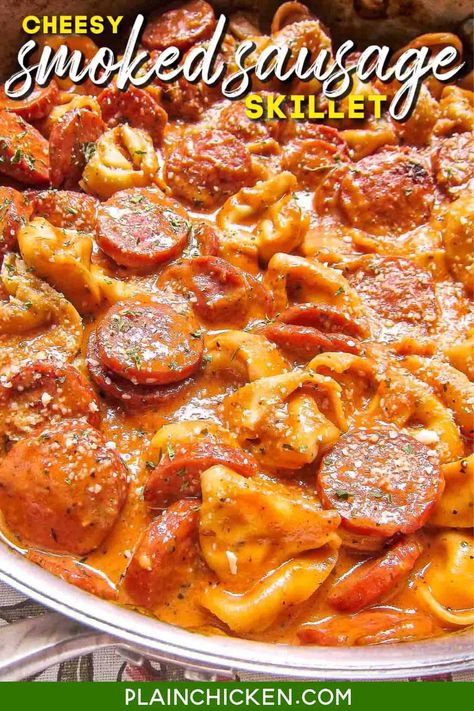 Cheesy Smoked Sausage Skillet - smoked sausage, tomato sauce, chicken broth, heavy cream, refrigerated cheese tortellini, and parmesan. Everything cooks in the same pan! Even the pasta!! SO easy and super delicious! We ate this 2 nights in a row. #onepot #noboil #smokedsausage #pasta Homemade Dressing Recipe, Smoked Sausage Pasta, Sausage Skillet, Sausage Recipes For Dinner, Smoked Sausage Recipes, Sausage Tortellini, Sausage Dishes, Tortellini Recipes, Skillet Dishes