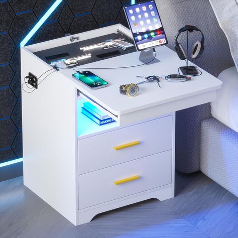 Gurexl Nightstand with Gun Shelf, Modern End Table with Charging Station, Night Stand Side Table with Auto Sensor LED 3 Color Dimmable Nightstand Charging Station, Concealment Furniture, Unique Nightstand, Table With Charging Station, Shelf Modern, Modern End Table, Bedroom White, Modern End Tables, Vanity Desk