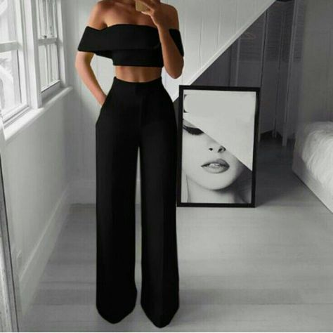 Celana Fashion, Wide Leg Pant Suit, Colorful Jumpsuit, Off Shoulder Crop Top, Ruffle Shirt, Graduation Outfit, Cropped Tops, Long Crop Top, Pantalon Large