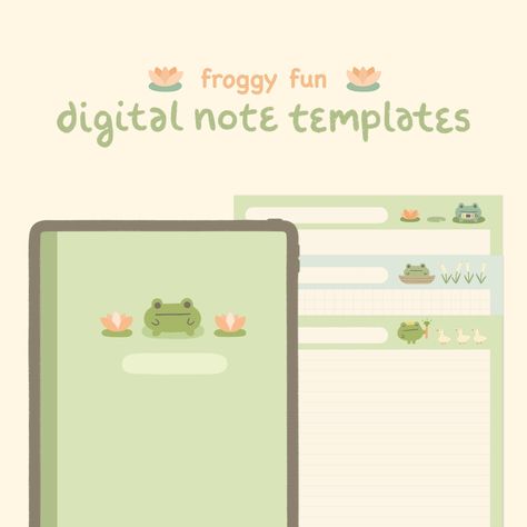 Cute Digital Note Templates: Froggy Fun | for Goodnotes, iPad & Android | with Cute Digital Stick... courseplannernotion #studyplanner #digitalplannerfree. Digital Note Aesthetic, Green Notes Aesthetic, Goodnotes กระดาษ A4, Kawaii Notebook Cover, Goodnotes Layout, Free Good Notes Templates, Note Template Aesthetic, Cute Notes Template, Goodnotes Book Cover