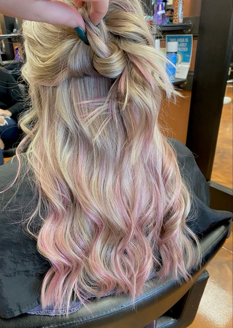 Pink Mermaid Highlights, Light Pink On Blonde Hair, Light Pink Hair On Blonde, Pink Stripes In Blonde Hair, Blonde Hair With Rose Gold Peekaboo, Blonde Highlights With Pink Underneath, Pink Hair Dye Streaks, Rose Gold Streaks In Blonde Hair, Pink Streak Hair Blonde