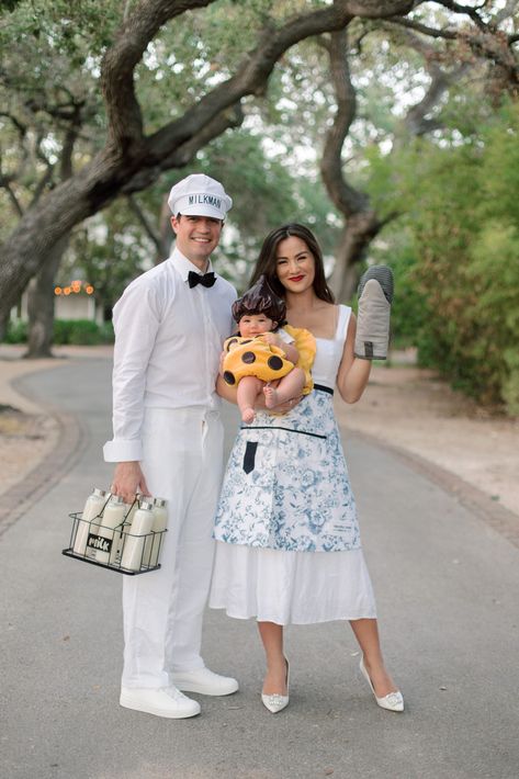 3 Family Halloween Costume Ideas - with love caila Cookie And Milk Costumes, Winnie The Pooh Halloween Costume Family, Milk Man Costume, Winnie The Pooh Family Costumes, Milk And Cookies Costume, 3 Family Halloween Costumes, Baby Costume Ideas, Halloween Costumes With Baby, Family Halloween Costumes With Baby