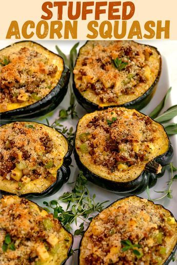 Acorn Squash Stuffed, Sausage Stuffed Acorn Squash, Veggie Casseroles, Savory Bakes, Stuffed Vegetables, Vegetable Burger, Roasted Acorn Squash, Stuffed Acorn Squash, Veggie Casserole