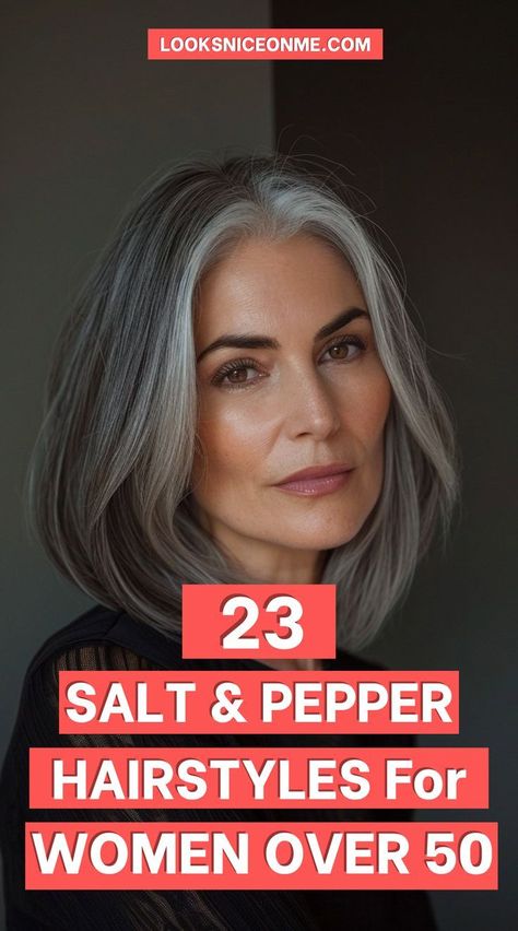 Discover the most flattering and stylish grey hairstyles for women over 50 that highlight your natural beauty. Medium Salt And Pepper Hairstyles, Silver Hair Styles For Women, Dark To Grey Hair, Salt And Pepper Hairstyles For Women, Pepper And Salt Hair, Hairstyles For Salt And Pepper Hair, Over 50 Gray Hairstyles For Women, Over 60 Grey Hairstyles For Women, Women Salt And Pepper Hair