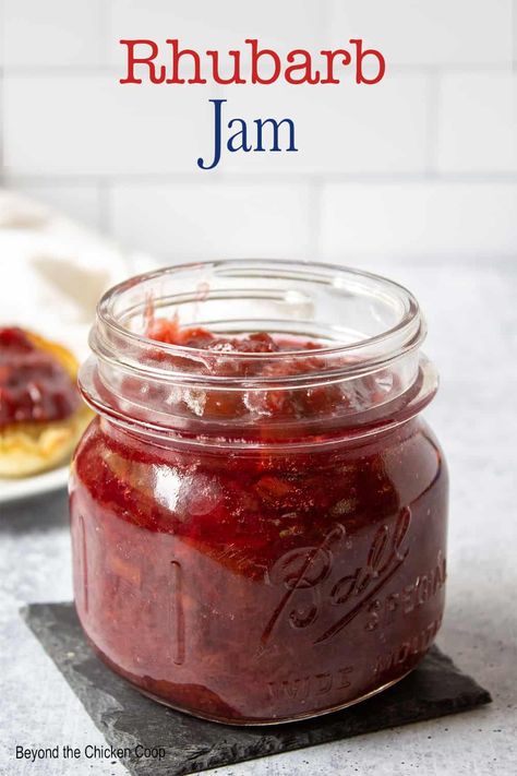 Delicious homemade rhubarb jam made with just three ingredients - fresh rhubarb, sugar and lemon juice. This easy to make jam doesn't require any canning. It's perfect spread on toast for breakfast or on a peanut butter sandwich for lunch. No pectin added! Rhubarb Jam No Pectin, Rhubarb Butter, Rhubarb Bread, Homesteading Recipes, Growing Rhubarb, Rhubarb Jam Recipes, Fresh Rhubarb, Strawberry Rhubarb Jam, Modern Homestead