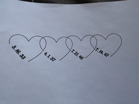 Four Heart Tattoo, Heart Tattoo With Dates, Tattoo With Dates, Tattoos For Siblings, Heart Locket Tattoo, Tattoo Infinity, Grandparents Tattoo, Matching Tattoos For Siblings, Locket Tattoos