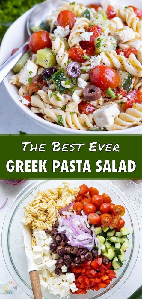 Pizza Sides Dishes, Papas Birthday, Pizza Side Dishes, Pizza Sides, Greek Pasta Salad Recipe, Greek Pasta Salad, Mediterranean Pasta Salads, Resep Pasta, Resep Salad