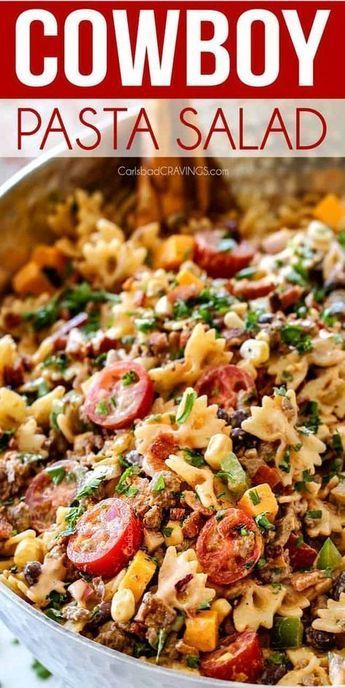 Cowboy Pasta Salad Salad With Ground Beef, Cowboy Pasta Salad, Cowboy Dinner, Cowboy Pasta, Cowboy Salad, Family Pasta, Resep Pasta, Black Beans Corn, Resep Salad