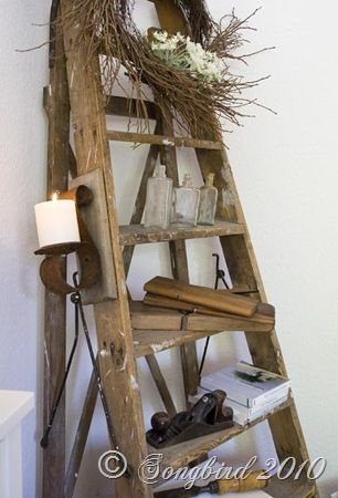 I want an old wooden ladder to use to grow a vine on in my garden Ladder Styling, Old Ladder Ideas, Wooden Ladder Decor, Kitchen Ladder, Antique Ladder, Old Wooden Ladders, Ladder Ideas, Ladder Display, Vintage Ladder