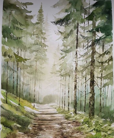 Mountain Lake Watercolor Painting, Mountain Scene Watercolor, Watercolor Painting Forest, Watercolor Sketchbook Inspiration, Watercolor Marsh Landscape Paintings, Watercolor Trees Landscape, Watercolour Inspiration Landscape, Watercolor Art Mountains, Watercolor Art Nature