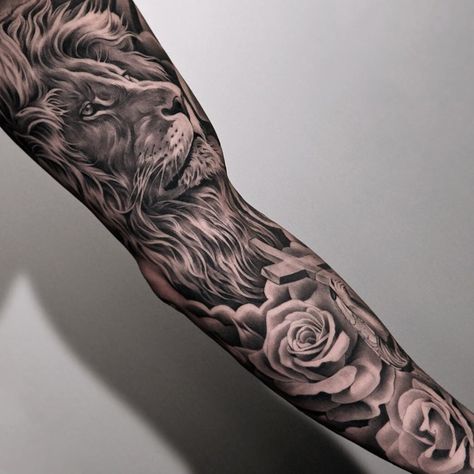 Lion & Roses Full Sleeve | Best tattoo design ideas Lion And Rose Tattoo, Lion Sleeve, Geometric Lion Tattoo, Bicep Tattoo Men, Inner Arm Tattoos, Inner Bicep Tattoo, Hyper Realistic Tattoo, Lion Tattoo Sleeves, Rose Tattoo Sleeve