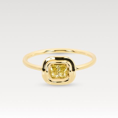 🙋🏻‍♀️🫶🏼 Yellow Diamond Cushion Cut OBI Skai no.1 ring 14k yellow gold, yellow diamond (Australian origin) 0.30ct #KayKonecna #FineJewelry #YellowDiamondRing #YellowDiamonds #AlternativeEngagement #EngagementRing Yellow Cushion Cut Diamond Ring, Yellow Cushion, Yellow Diamonds Engagement, Yellow Diamond Engagement Ring, Yellow Cushions, Ring Sale, Take The First Step, Yellow Diamond, Cushion Cut