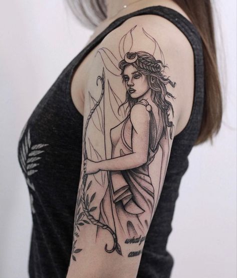 Greek Mythology Tattoos Artemis, Sagittarius Woman Tattoo, Greek Goddess Tattoo Artemis, Artemis And Apollo Tattoo, Artemis Tattoo Design, Sagittarius Goddess Tattoo, Tattoo Design Greek Mythology, Simple Quote Tattoos, Greek Goddess Tattoo