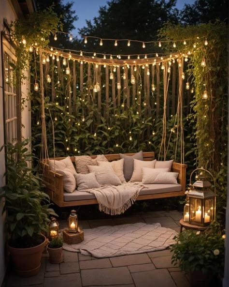 Lit Up Backyard, Cozy Porches Ideas, Raised Bed Lighting, Roof Top Gardens Ideas, Deck And Patio Decorating Ideas, Relaxing Garden Spaces, Cozy Outdoor Furniture, Garden Inspo Uk, Tired Garden Ideas