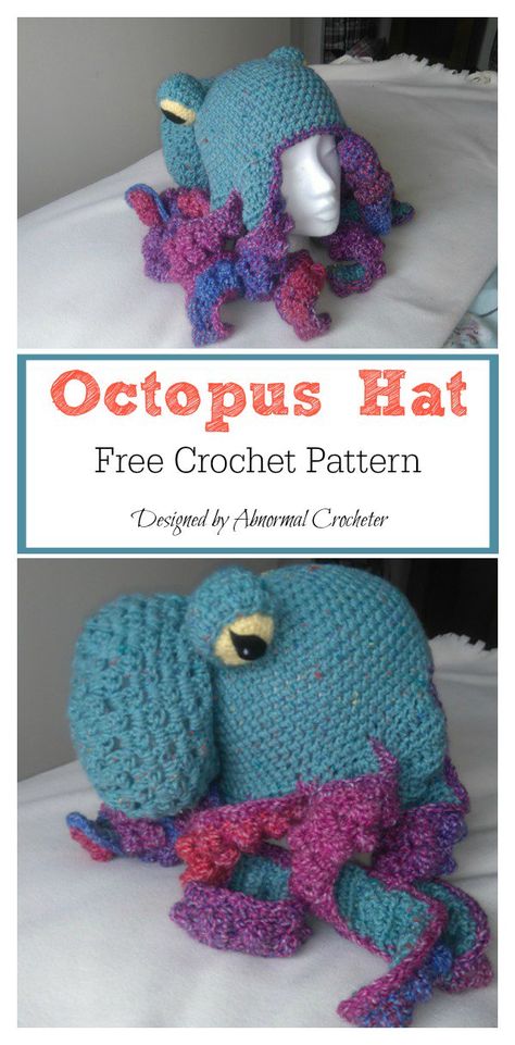 Octopus Hat Free Crochet Pattern Free Crochet Octopus Hat Pattern, Squid Crochet Hat, Crochet Novelty Hats Free Pattern, Crochet Halloween Hoods, Octopus Hat Crochet Pattern, Crochet Squid Hat Free Pattern, Crochet Kraken Hat Free Pattern, Funky Crochet Hat Pattern Free, Crochet Octopus Hat Free Pattern