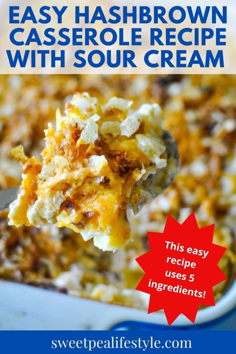 Easy Hash Brown Casserole Recipe with Sour Cream is the side dish recipe you're craving! This 5 ingredient comfort food dish is the perfect side dish recipe idea for holiday dinners, family gatherings, potlucks, and more! Cream of mushrom soup, sour cream, lots of cheese, and butter are combined with frozen diced potatoes to create a creamy casserole dish worth sharing! Hashbrown Casserole | Funeral Potatoes | The Best Potato Casserole | Cheesy Hashbrown Casserole Easy Hash Brown Casserole, Cheesy Hashbrown Recipe, Recipe With Sour Cream, Easy Hashbrowns, Hashbrown Casserole Easy, Cheesy Hashbrown, Hashbrown Casserole Recipe, Cheesy Hashbrown Casserole, Frozen Hashbrowns