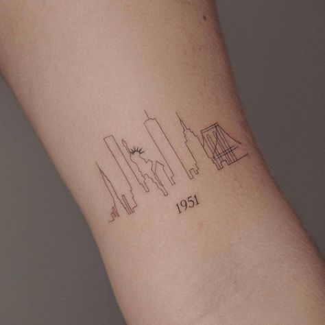 Nyc Skyline Tattoo Small, Nyc Line Tattoo, Fine Line Nyc Skyline Tattoo, Small Ny Tattoo, City Line Tattoo, Nyc Related Tattoos, Brooklyn Script Tattoo, New York Skyline Tattoo Small, Manhattan Skyline Tattoo