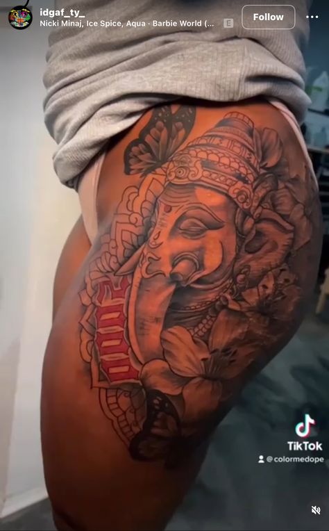 Woman Tattoo Ideas Thigh, Leg Tattoos Women With Meaning, Hip Tattoos Women Elephant, Black Woman Leg Tattoo, Back To Thigh Tattoo Women, Alexis Sky Tattoo, Colorful Thigh Tattoo Women Black, Elephant Thigh Tattoo Black Women, Thigh Tattoo Ideas Black Women