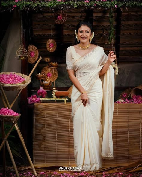 Celebrate this Onam and Vishu with yet stylish looks Look 24 #onam #vishu #keralapiravi #setsaree #traditional #modern #saree #blouse #kerala Onam Saree Modern, Kasavu Saree Blouse Designs, Onam Blouse, Modern Saree Blouse, Onam Look, Kerala Dress, Net Saree Blouse Designs, Saree Pose, Kerala Saree Blouse