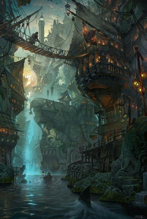 Pirate port. Blade Soul, Visual Prompts, Fantasy Poster, Art Environment, Fantasy City, Fantasy Setting, Fantasy Places, Futuristic City, Matte Painting