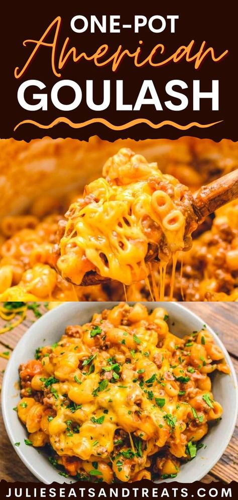 American Goulash, comfort food, one pot Easy Cheesy Beef Goulash, Goulash Recipes With Cheese, Goulash With Cream Cheese, Goulash Recipes Chicken, Cheesy Goulash Recipes Easy, Ground Beef Recipes With Velveeta Cheese, One Pot American Goulash, Goulash Recipes Cheesy, Hamburger Goolosh