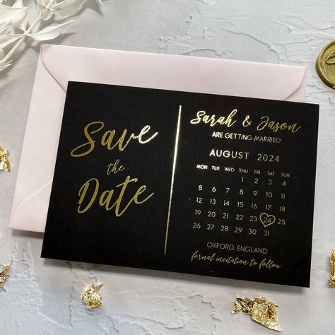 Inform your guests of your special day by sending them one of our modern Black and Gold Foil Save the Date Calendar Cards A beautifully handcrafted Save The Date Foiled Calendar Card Wedding Invites giving you the latest luxury trend at an affordable cost.Made with Real Metallic Foil and perfect for adding a bit of luxury and elegance to your wedding stationery.You are only one click away from officially announcing the best wedding yet!Also personalisable for any occasion; Sweet 16, Quinceañera, Save The Date Black, Foil Save The Dates, Gold Save The Dates, Black Cards, Black Wedding Invitations, Foil Wedding Invitations, Gold Wedding Invitations, Card Wedding, Formal Invitation