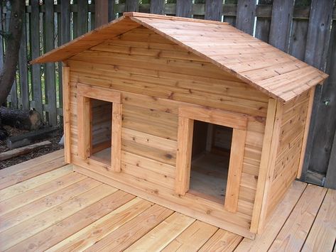 Outdoor Dog House Ideas, Double Dog House, Dog House Ideas, Outdoor Dog Runs, Red Roof House, Wood Dog House, Build A Dog House, Wooden Dog House, Large Dog House