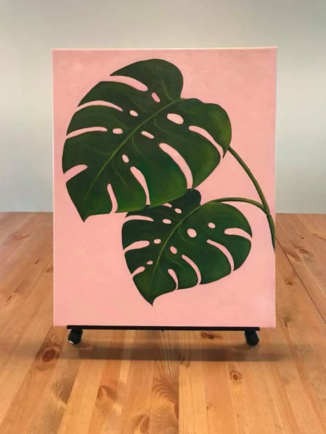 Monstera Leaf Painting On Canvas, Boho Monstera Painting, Monstera Painting Easy, Monstera Leaves Painting, Simple Monstera Painting, Plant Canvas Painting Ideas, Monstera Canvas Painting, Monstera Plant Painting Easy, Monstera Painting Acrylic Easy