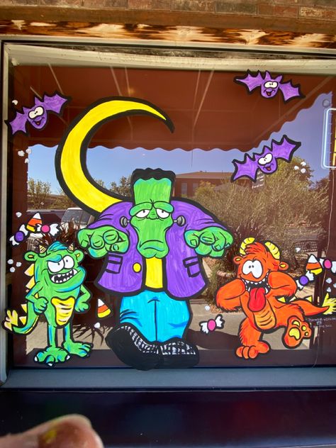 #halloween #monster #art #handpainted #painting #windowart #frankenstein Ghost Window Painting, Window Painting Ideas Halloween, Easy Halloween Window Painting Ideas, Halloween Painted Windows, Halloween Window Art Paint, Halloween Window Painting Ideas, Halloween Window Painting, Halloween Window Art, Halloween Windows