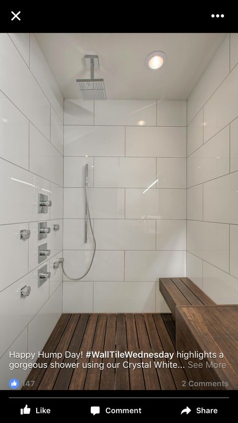 B White Tiled Bathroom, Large White Tiles, Large Tile Bathroom, Large Shower Tile, White Shower Tile, Blue Shower Tile, Toilet Ideas, White Tile Shower, Tiled Bathroom