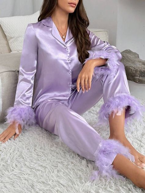 Fuzzy Trim Satin PJ Set | SHEIN Purple Pjs, Sleepover Outfit, Satin Pjs, Sleepwear Women Pajamas, Satin Pj Set, Pyjama Satin, 30th Bday, Purple Collar, Cute Pajamas