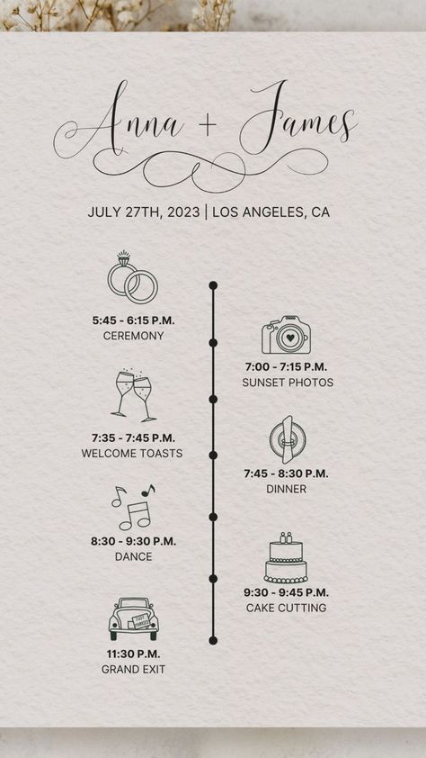 Editable Wedding Day Timeline Wedding Reception Schedule Info - Etsy Canada Invitation Timeline Wedding, Wedding Invitations With Schedule, Wedding Invitations With Timeline, Diy Wedding Itinerary, Wedding Iterinary, All In One Invitations Wedding, Evening Wedding Timeline No Dinner, Wedding Day Timeline Card, Timeline Wedding Invitation