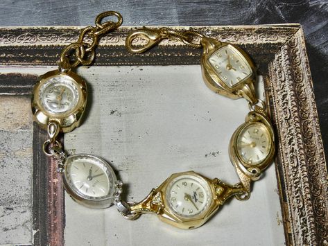 Vintage Watch Bracelet, One of a Kind Bracelet, Two tone Watch Bracelet- BBB Watch Upcycle, Old Watches Crafts Ideas, Watches Design, Watch Ideas, Vintage Watches Women, Heart Locket Necklace, Old Watches, Watch Bracelet, Chain Extenders