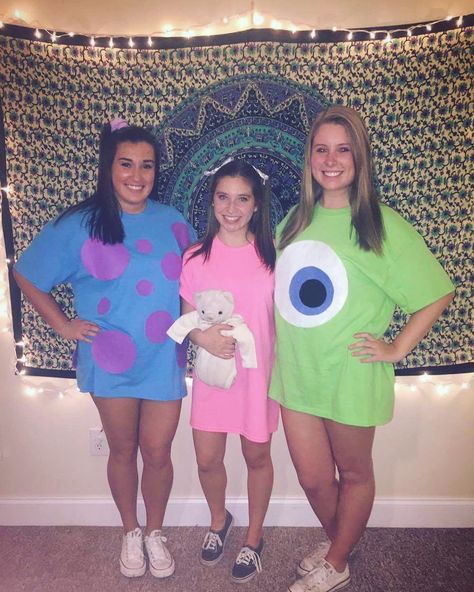 Monster Inc Costume Diy, Monsters Inc Costumes, Monsters Inc Costume Diy, Monsters Inc Halloween Costumes, Halloween Costume College, Monsters Inc Halloween, Halloween First Birthday, Trio Costumes, Costume College