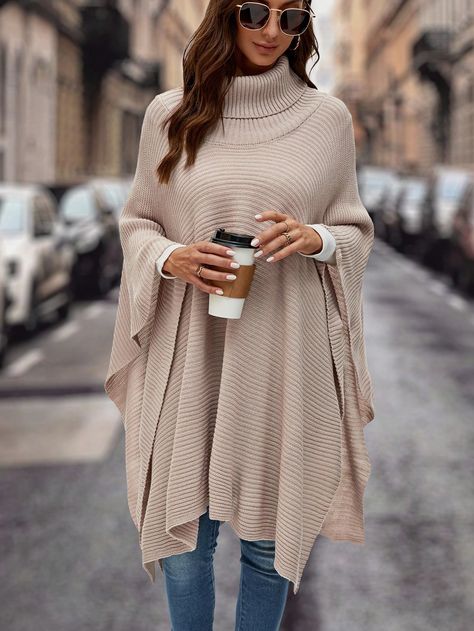 Apricot Casual Collar Three Quarter Length Sleeve Knitwear Plain Poncho Embellished Slight Stretch  Women Clothing Work Dress Code, Poncho Pullover, Stylish Outfits For Women Over 50, Holiday Outfits Women, Striped Shawl, Womens Poncho, Crochet Idea, Plus Size Pullover, Fall Wedding Guest Dress