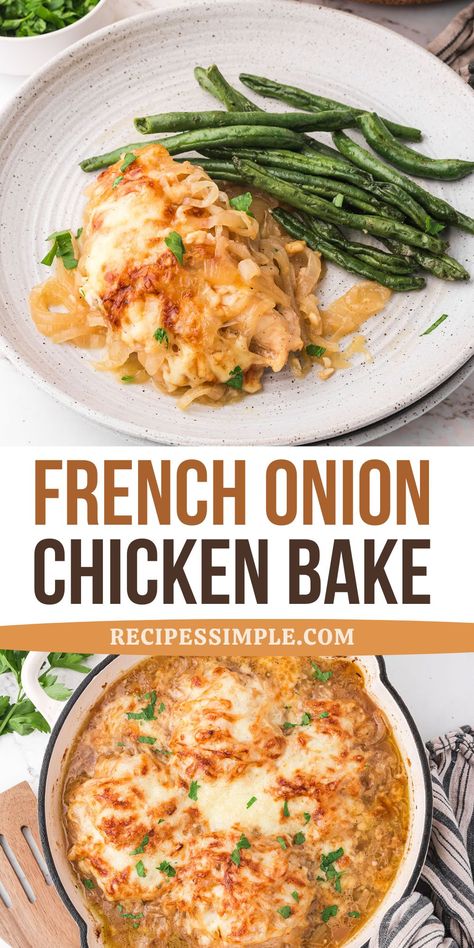 This delicious French Onion Chicken Bake has the rich flavor of French onion soup combined with tender chicken and caramelized onions. Delicious chicken recipe for family dinner or any occasion! Chicken With Fried Onions, French's Fried Onion Chicken, French Onion Bake, Chicken Breast Onion Soup Mix Recipe, French Onion Mix Recipes, French Onion Chicken Bubble Up, Carmalized Onion Chicken, Chicken French Onion Casserole, Chicken With Onion Soup Mix Recipes