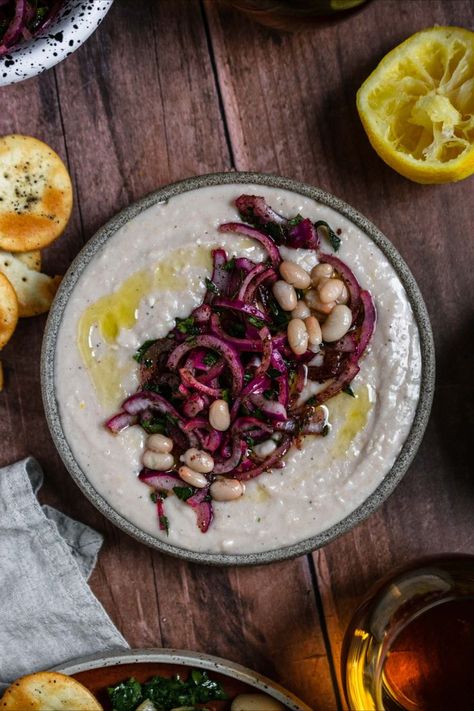 White bean dip with sumac onions and beans on top Whipped Bean Dip, Jam Buns, Roasted Red Pepper Salsa, Sumac Onions, Hosting Party, Whipped Feta Dip, White Bean Dip, Pepper Salsa, Brioche Bun