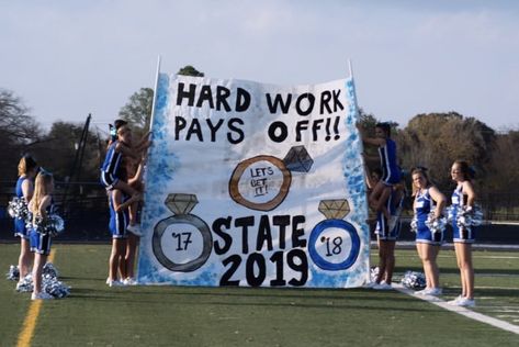 3 years State Champs sign Football State Championship Signs, State Championship Poster Ideas, Football Championship Poster Ideas, Run Through Signs, Cheer Banners, Football Run, Football Ideas, Football Banner, State Champs