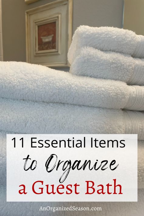 Do you host overnight guests in your home? Learn to organize a guest bath with 11 ultimate essentials to guarantee a comfortable stay! I'll show you eleven items that you need to make guests feel at home! Then we'll discuss where to put them in the bathroom and how to organize the bathroom cabinet. Follow me for more organization inspiration! Guest Bath Towel Display, Bath Towels Display, Guest Bathroom Essentials, Guest Bathroom Towels, Under Cabinet Storage, Bath Towel Storage, Towel Display, Bath Travel, Towel Organization