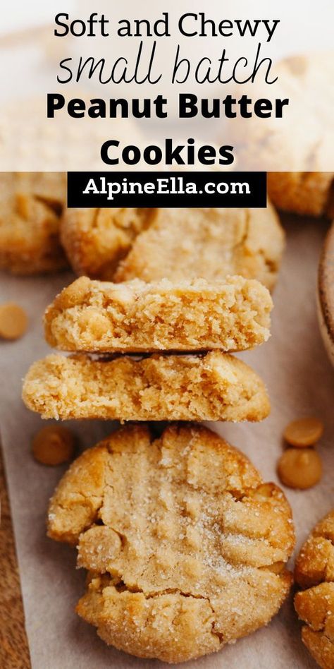 These soft and chewy peanut butter cookies are loaded with peanut butter chips. This small batch recipe makes just 6 cookies. Peanut Butter Cookies Soft Chewy, Small Batch Of Peanut Butter Cookies, Small Batch Peanut Butter Cookies, Peanut Butter Chip Recipes, Small Batch Desserts, Small Batch Cookie Recipe, Small Batch Cookies, Butter Desserts, Butter Cookie Recipe