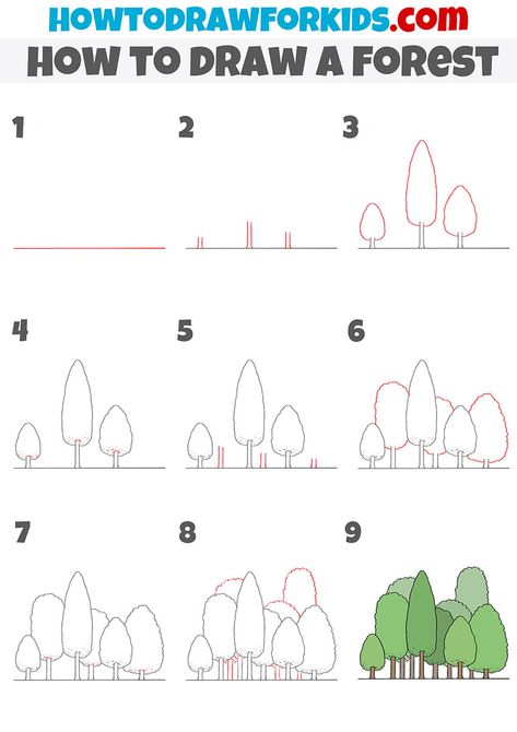 Drawing Ideas Forest Easy, Easy Forrest Drawing, How To Draw A Forest Easy, Forest Doodles Easy, How To Draw Trees Easy, How To Draw A Tree Easy, Drawing Landscapes Easy, Easy Forest Drawings, How To Draw Forest